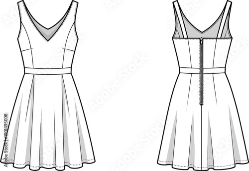 White dress front and back view with zipper sleeveless dress V-neck dress A-line dress