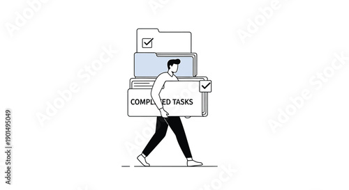 Vector illustration of a person carrying completed tasks folders for business or productivity concept, isolated on transparent background, png
