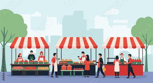 Vibrant urban market scene featuring vendors selling fresh produce and goods to shoppers lively