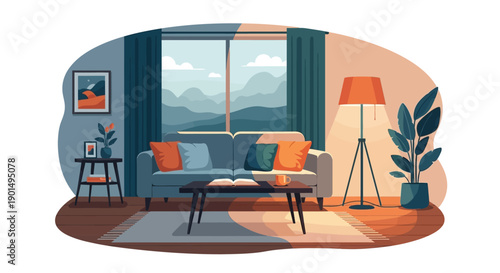 Cozy living room interior design with a beautiful mountain landscape view through the window