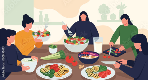 Friends gather for a healthy plant-based meal preparation and shared dining experience