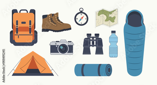 Essential outdoor adventure equipment illustration showing a backpack tent boots compass map