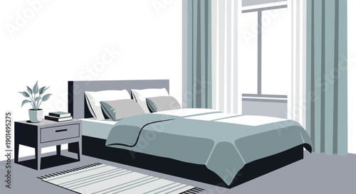 Serene minimalist bedroom with natural light streaming through sheer curtains onto a neatly made bed