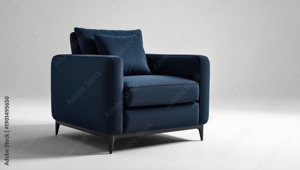 Fototapeta premium Sapphire-colored armchair in dark blue. Contemporary designer piece against a white backdrop. Fabric chair