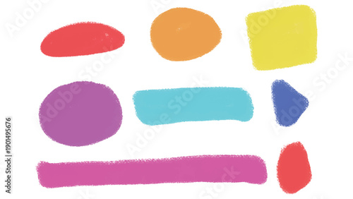 Colorful Hand-Drawn Crayon Abstract Shapes and Brush Strokes Set on White Background