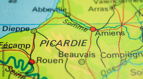 Fotografie Closeup detailed map view showing Picardie area including Amiens and Beauvais