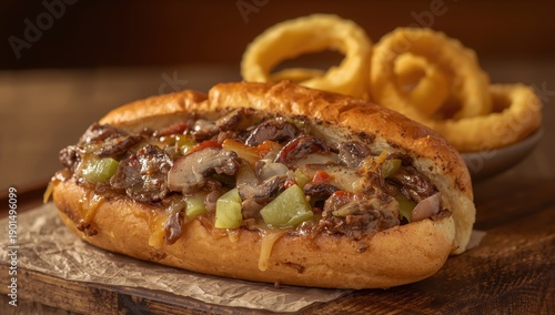 Wallpaper Mural A chaotic cheesesteak topped with onions, peppers, and mushrooms, accompanied by onion rings Torontodigital.ca