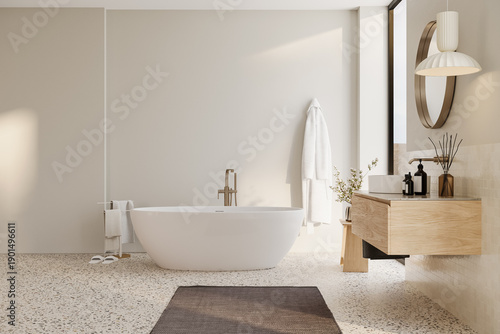Modern mediterranean bathroom interior with freestanding bathtub and terrazzo floor realistic 3d render