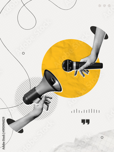 Trendy Halftone Collage Hands holding Megaphone and microphone for media interview and news. Journalist and reporter. Broadcast recording. Streaming service. Contemporary vector illustration art