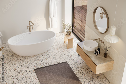 High angle view of modern bathroom with bathtub and oak vanity unit realistic 3d render