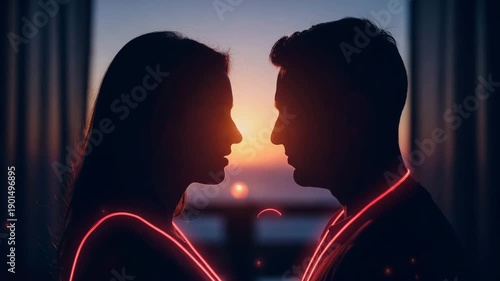 Couple Silhouettes at Sunset with Pulsing Red Neon Heart and Sparks