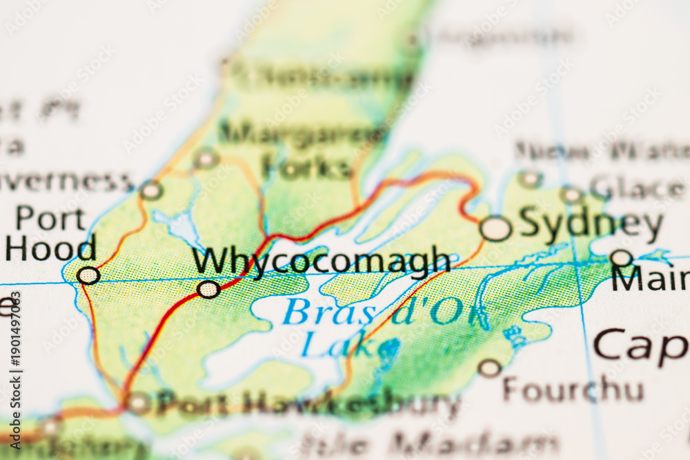 Naklejka premium Macro map view of Whycocomagh and Sydney coastal routes in Nova Scotia.