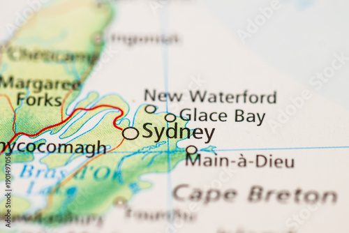 Quadro su tela Sydney area highlighted on printed map of Cape Breton.