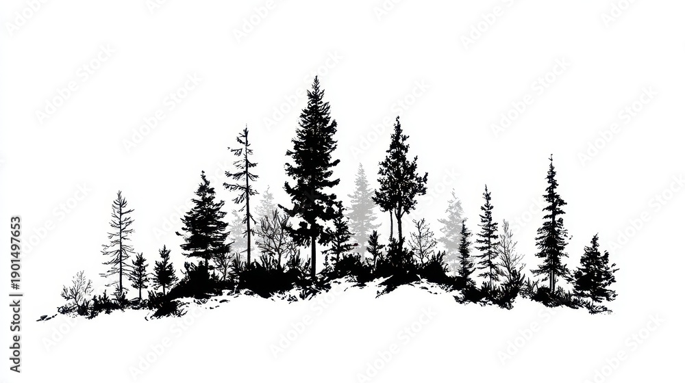 Obraz premium Cluster of evergreen silhouettes in black â€” minimalist woodland illustration on white