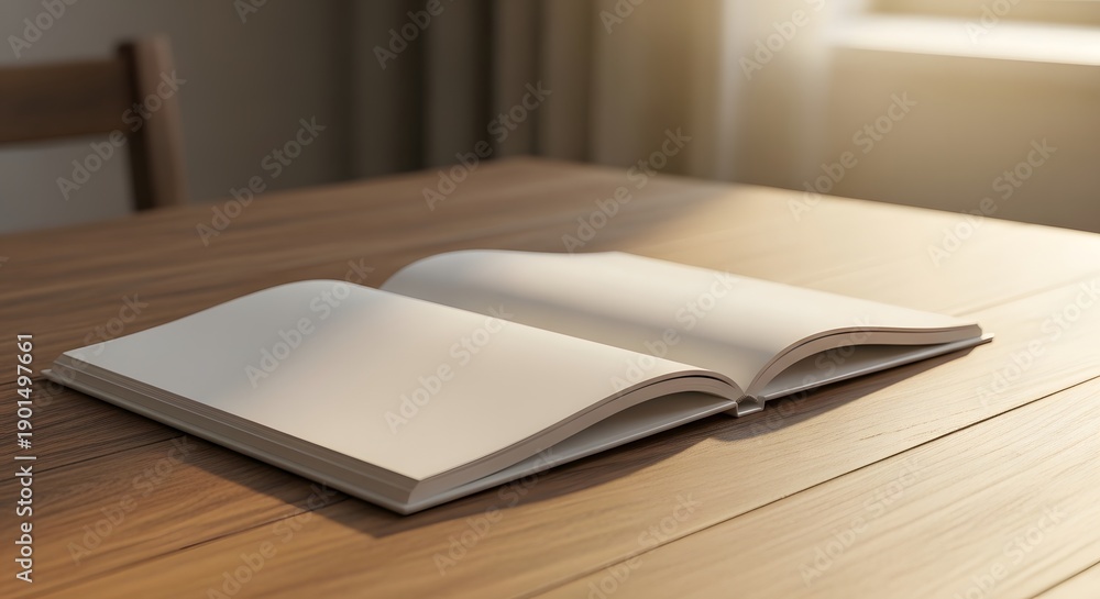 Fototapeta premium An open book with blank pages rests on a wooden table, bathed in soft sunlight from a nearby window.