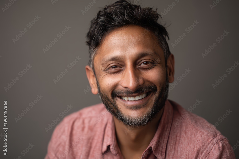 Obraz premium Direct gaze: cheerful Indian man portrait with soft lighting and neutral background