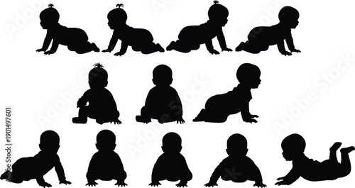 Black silhouettes of babies in various crawling and sitting positions baby