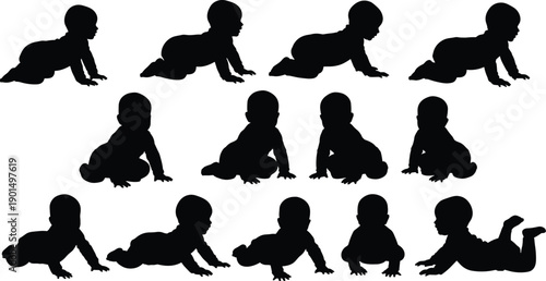 Black silhouettes of babies crawling and sitting on white background baby