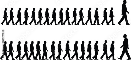 Black silhouettes of businessmen walking in two rows white background