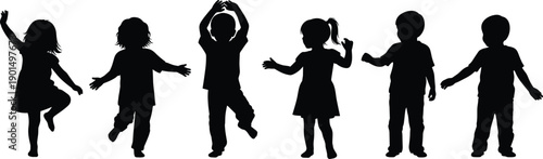 Black silhouettes of children dancing and playing white background