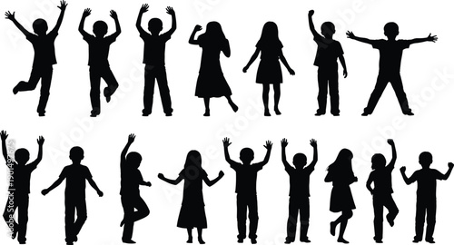 Black silhouettes of children and teenagers in various dance poses white background