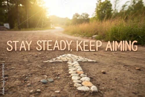 Arrow Made of Pebbles Guides on Earthy Path with Stay Message