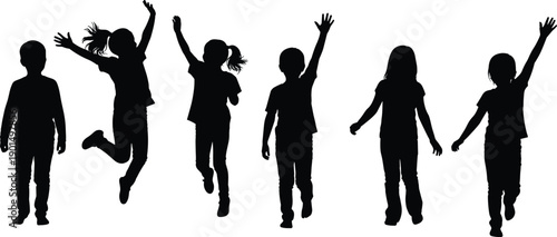Black silhouettes of children jumping and standing on white background kids
