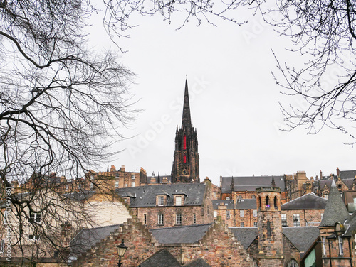 Edinburgh old town skyline featuring the iconic gothic spire of the Hub on the Royal Mile, historic cityscape of Scotland, United Kingdom