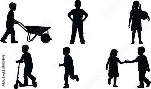 Black silhouettes of children playing and interacting with toys on white background kids wheelbarrow