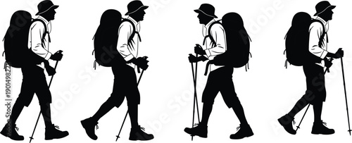 Black silhouettes of four hikers walking with backpacks and trekking poles