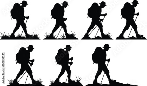 Black silhouettes of hikers walking with trekking poles backpack