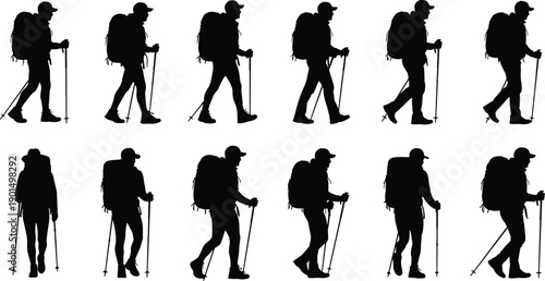 Black silhouettes of hikers with backpacks and walking sticks in various walking positions