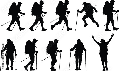 Black silhouettes of hikers with backpacks and walking sticks in various poses