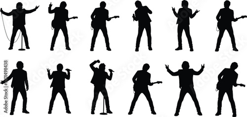 Black silhouettes of musicians performing with guitars and microphones