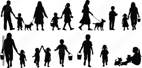 Black silhouettes of people and pets walking and playing children adults 1