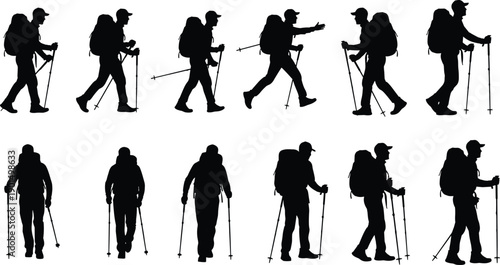 Black silhouettes of people hiking with backpacks and trekking poles