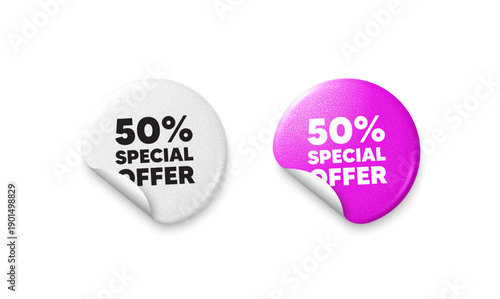 Discount sticker tags. Glitter paper price badge. 50 percent discount offer tag. Sale price promo sign. Special offer symbol. Offer round sticker. Promo banner. Vector
