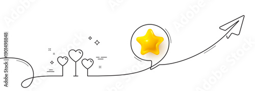 Love hearts line icon. Continuous line with share plane. Valentines day sign. Couple relationships symbol. 3d star in speech bubble. Love heart single line ribbon. Loop curve pattern. Vector