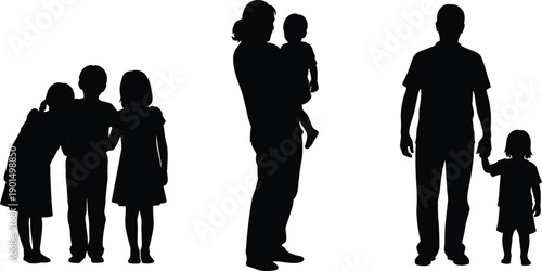 Black silhouettes of people in various family poses white background