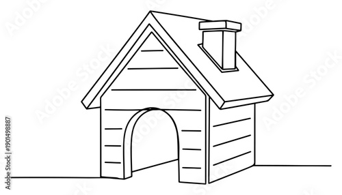 Wooden dog house or kennel one line drawing, continuous line art of outdoor pet shelter with roof and chimney
