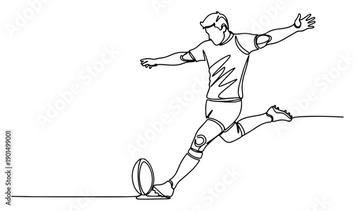 Rugby player kicking ball one line drawing, continuous line art of athlete performing conversion or kickoff