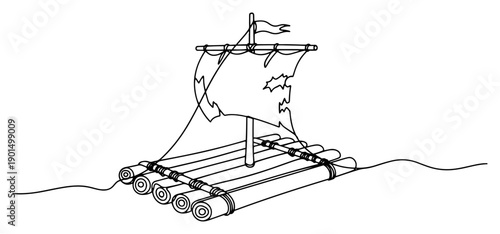 Wooden log raft with sail one line drawing, continuous line art of survival watercraft for adventure and travel