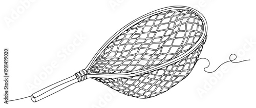 Fishing landing net one line drawing, continuous line art of fish net tool for outdoor sport and hobby