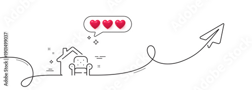 Furniture moving line icon. Continuous line with share plane. Home armchair sign. House chair symbol. Hearts rate review in speech bubble. Furniture moving single line ribbon. Vector
