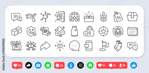 Gluten free, Milestone and Chemical formula line icons pack. Social media: share, comment, like icons. Marketing, Security lock, Travel loan web icon. Vector