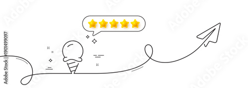 Ice cream line icon. Continuous line with share plane. Vanilla sundae cone sign. Frozen summer dessert symbol. Five star rate review in speech bubble. Ice cream single line ribbon. Vector