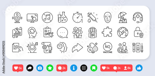 Medical syringe, Inspect and Hold document line icons pack. Social media: share, comment, like icons. Touch screen, Fingerprint lock, No music web icon. Vector