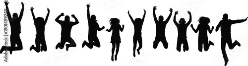 Black silhouettes of people jumping with arms raised