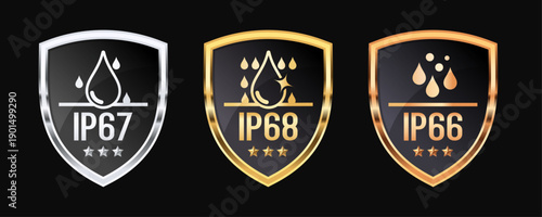 Waterproof Protection Shield Icon Set with IP66, IP67 and IP68 Ratings, Water Resistance Certification Badge for Electronics, Devices and Product Packaging Vector Illustration