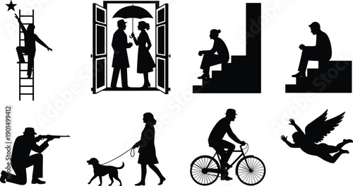 Black silhouettes of people performing various everyday actions everyday life